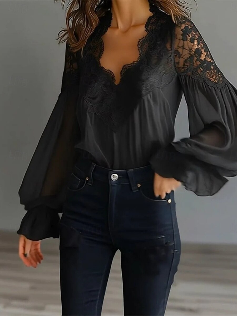 Blusa in Pizzo con Scollo a V Elegante